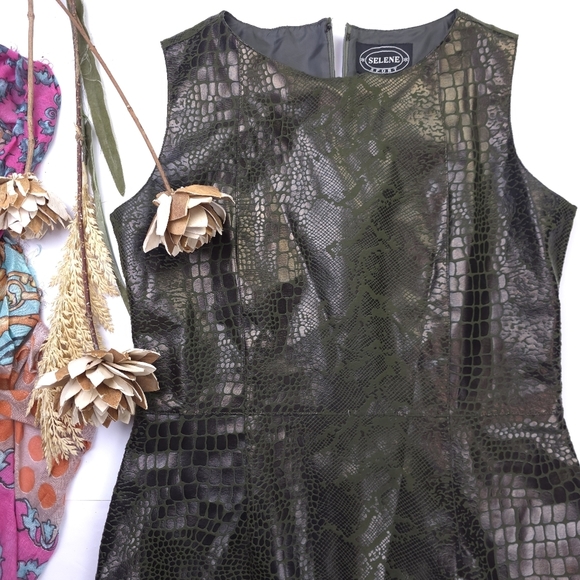 Selene Elegant Green Embossed Sleeveless Dress M - Picture 3 of 11